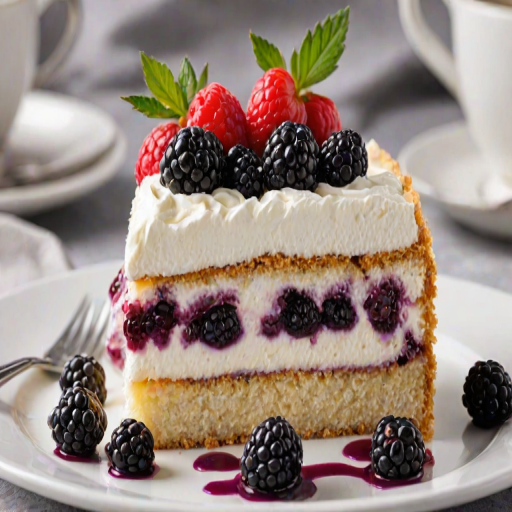 Generate an image of a layered dessert with sponge cake and berry cream, featuring visible layers of fluffy cream and blackberries on top. The dessert should be served on a white plate with a fork beside it, and the background should be softly blurred to emphasize the dessert.