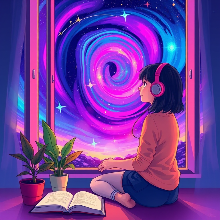 Create a vibrant digital illustration of a girl sitting by a window with headphones on, gazing at a colorful, swirling cosmic landscape outside, include a potted plant and an open book beside her, use a high-resolution setting of 300 DPI, shot with a Canon EOS R5, aperture set to f/4 for a soft background blur, 35mm lens for a natural perspective, and vibrant color grading to enhance the visual mood.
