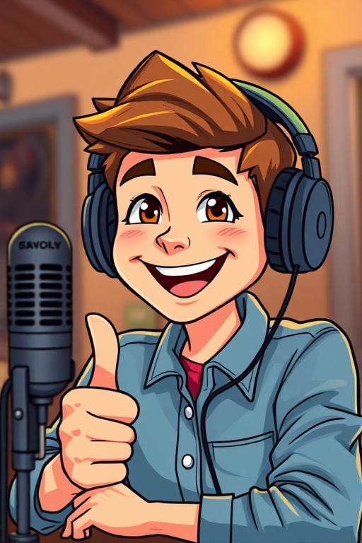 Create a cartoon-style illustration of a cheerful young man with headphones giving a thumbs up, sitting in front of a vintage microphone, using a shallow depth of field, shot with a Canon EOS R5 at f/2.8, ISO 200, and 50mm lens, with soft lighting for enhanced vibrancy and clarity.