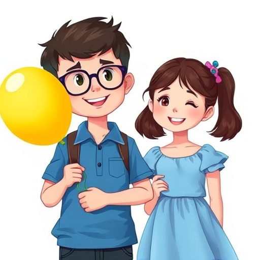 Create a vibrant illustration of a boy with glasses and a casual blue shirt holding a yellow balloon while standing next to a girl in a blue dress, both smiling in a light, pastel background, using a DSLR camera at f/2.8, 50mm lens, with soft focus and a shallow depth of field for enhanced detail and clarity.