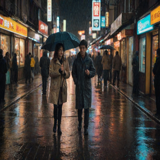Crowded city street at night, the neon lights of shops and signs glowing against the wet pavement, a woman walks quickly, her umbrella shielding her from the rain.