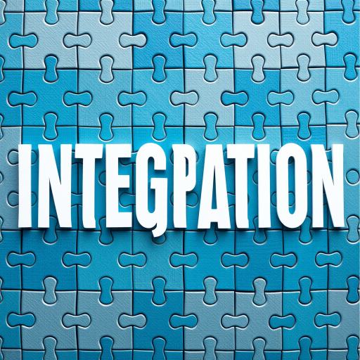 Create a high-resolution puzzle background with the word "Integration" prominently displayed in bold white letters, captured with a DSLR camera at f/8 aperture, ISO 200, and a 50mm lens, using a top-down view to showcase vibrant blue and gray puzzle pieces and enhance depth and detail.