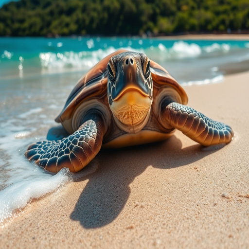 Capture a realistic sea turtle resting on a sandy beach with gentle waves lapping around it, using a Canon EOS R5 camera with a 24-70mm f/2.8 lens, aperture set to f/8 for depth of field, shutter speed at 1/250s, ISO 100, in bright daylight with a low angle perspective to emphasize the turtle against the backdrop of vibrant blue skies and lush greenery.