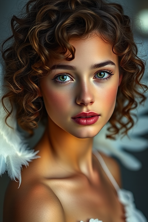 Create a portrait of a young woman with curly hair and angelic wings, studio lighting, soft focus, f/1.8 aperture, 85mm lens, ISO 100, shot from eye level to capture detailed facial features and ethereal qualities.