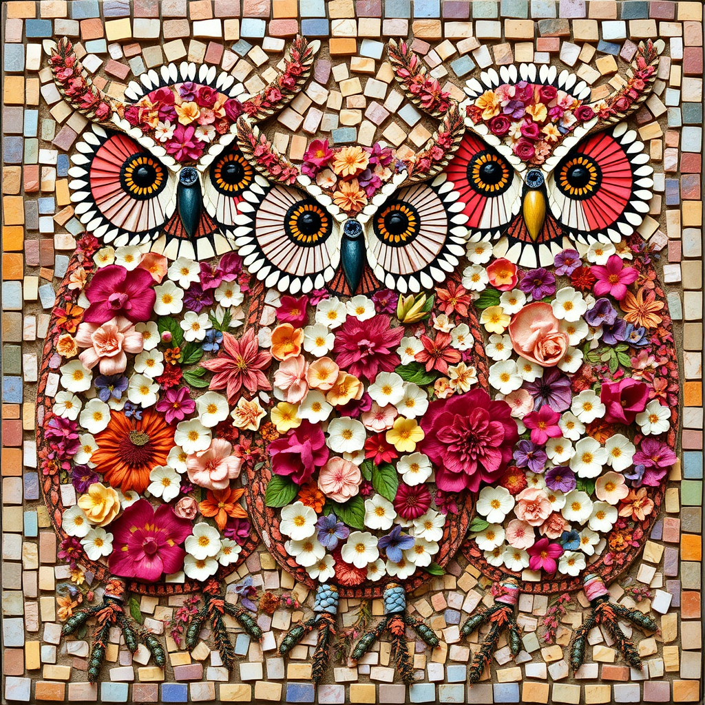 A mosaic of floral owls, each owl intricately composed of individual flower blossoms. The design showcases a delicate balance of nature and form, where the feathers of the owls are replaced by vibrant petals and blooms. The overall appearance is whimsical yet detailed, with each floral element contributing to the intricate patterns of the owl’s body. The artwork embraces a raw, organic style, with natural hues and soft textures, creating a harmonious blend of flora and fauna. The mosaic arrangement adds depth and visual intrigue to the piece, evoking a sense of wonder and artistic beauty.