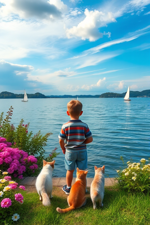 Create a serene landscape depicting a young boy standing by a lakeshore with two cats, surrounded by blooming flowers, while sailboats glide on the water under a vibrant sky, captured with a Canon EOS R5, 24mm f/1.4 lens, ISO 100, f/8, with a wide-angle view and soft focus for a dreamy effect.