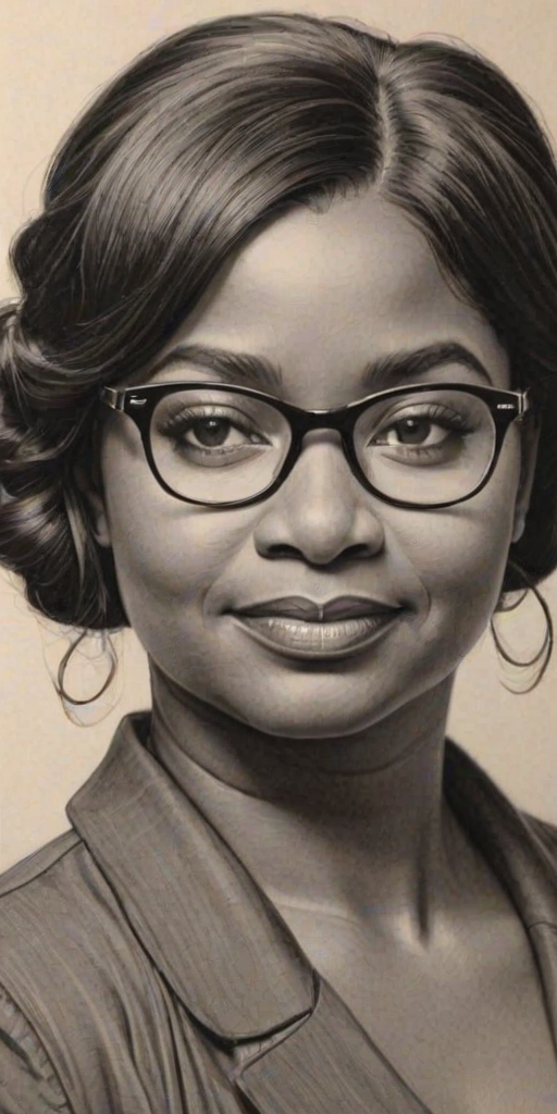 Dazzling Octavia Spencer, pencil sketch, portrait of Enticing woman 1929s in glasses, hair style beatnik, outline, clear lines, fine lines, 8k