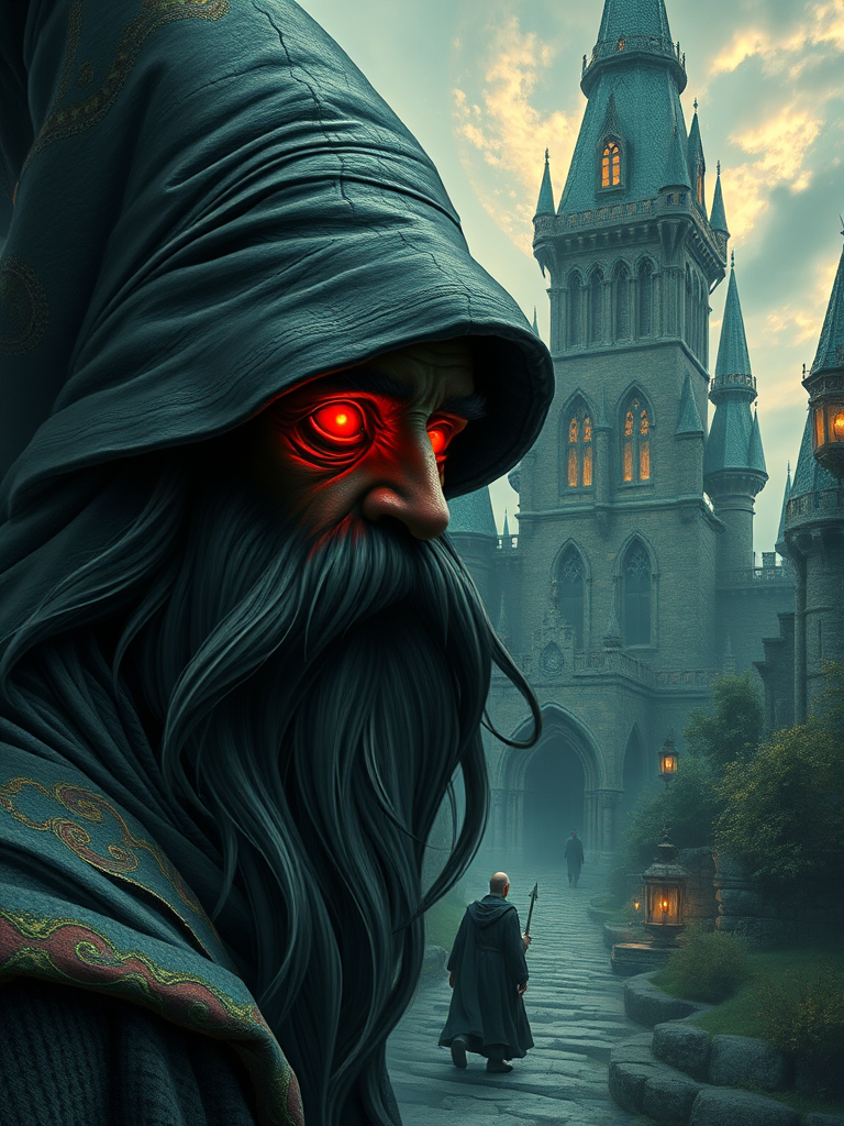 stylized by Paul Serusier, Dorina Costras, fractal manifold of a close up of a In a surreal landscape, a wizard with glowing red eyes and a long black beard wanders through the streets of an ancient castle.