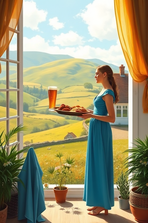 In "A Glass of Beer on the Highland," a serene scene is depicted in a sunlit room where a woman in a vibrant blue dress stands by a large window. She holds a tray with a hearty meal and a frothy glass of beer, embodying a moment of relaxation. Outside, the breathtaking highland landscape features rolling green hills and a charming traditional house, all bathed in warm afternoon light. The interior is adorned with potted plants, creating a harmonious blend of comfort and nature. The painting beautifully captures the tranquility and joy found in simple pleasures amidst stunning scenery