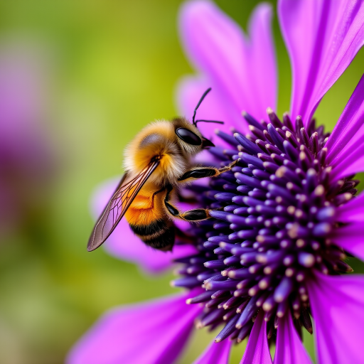 macro photograph of a bee on a vibrant purple flower with detailed focus on the bee, f-stop 2.8, shutter speed 1/250, ISO 100, 100mm lens, natural light, shallow depth of field, DSLR camera