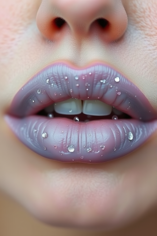 Lavender-gray lips with "Misty Morning" style, showcasing a unique cloud-like texture and delicate silver sparkles, reminiscent of early morning dew