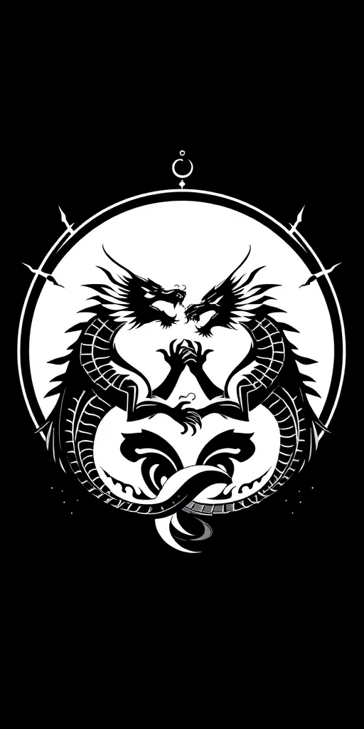 Create a high-resolution black and white design featuring stylized dragons intertwined, captured with a Canon EOS R5, 50mm f/1.2 lens, aperture set to f/2.8, ISO 100, shot in portrait mode.