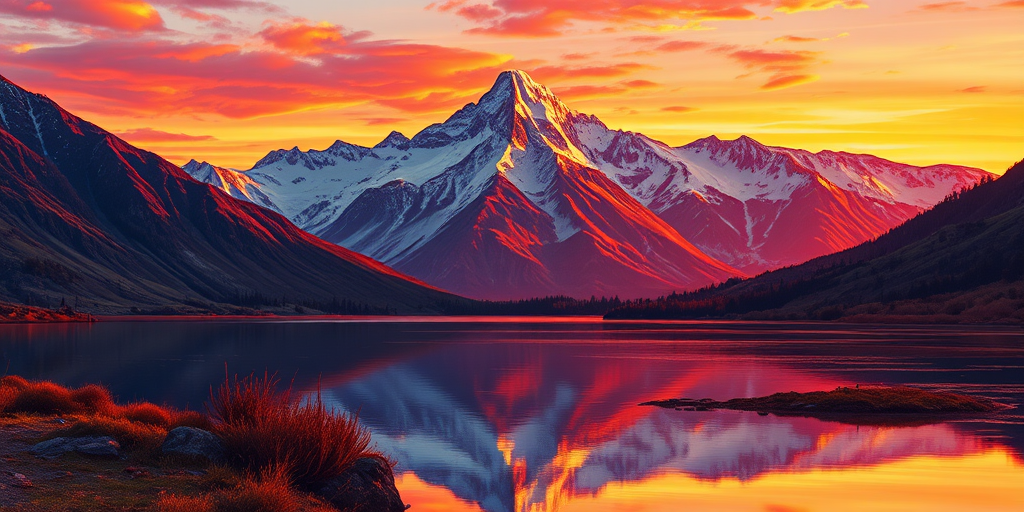 Create a detailed illustration of a serene mountain landscape during sunrise with vibrant colors reflecting on a lake in the foreground, camera settings f/8, ISO 100, shutter speed 1/125s, camera view wide angle, camera style landscape photography, camera type DSLR.