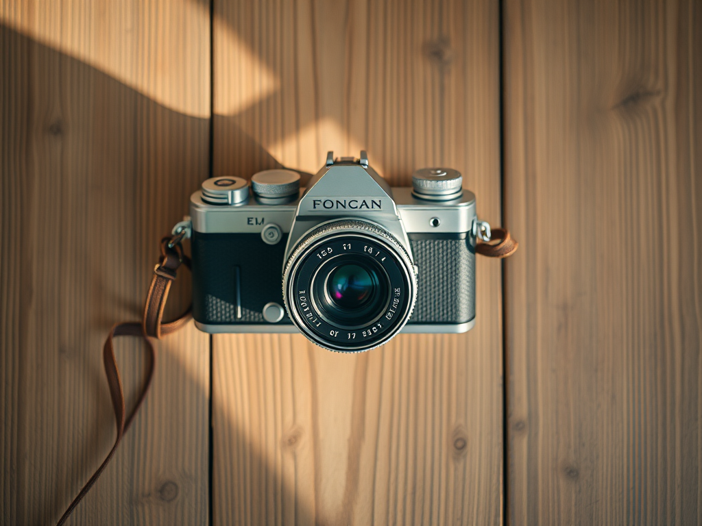 Generate a high-quality image of a vintage camera on a wooden table with natural light, using a DSLR camera with a 50mm lens, f/1.8 aperture, ISO 200, and a shallow depth of field for a soft background blur, shot from a top-down view.
