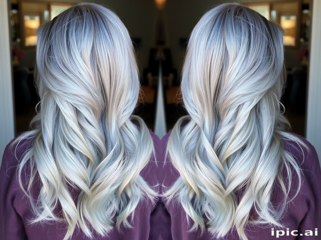 Mesmerizing silver-gray locks in the "Moonlight Sonata" style, long layered cut with feathered ends, subtle blue-tinted highlights throughout, soft romantic waves flowing down back, side-swept bangs blending seamlessly