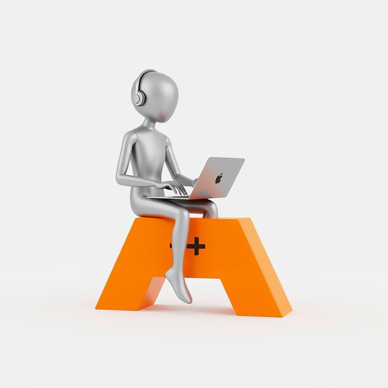 Create a 3D rendering of a humanoid figure sitting on a large orange at symbol while working on a laptop, use a Nikon D850 camera with a 50mm lens at f/2.8, ISO 100, and a shallow depth of field, with soft, diffused lighting and a clean white background for enhanced image quality.