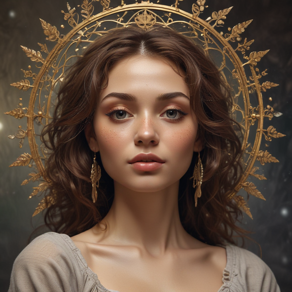 Radiant Portrait of a Young Woman with a Golden Halo Design
