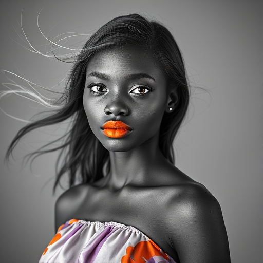 Photographic image of a beautiful young Hausa woman, cyan eyes, lips with orange lipstick, long hair fluttering in the wind and wearing a silk strapless dress with a soft purple and orange print. monochrome image with only color highlights in the iris of the eyes, lipstick and dress. Gray background.