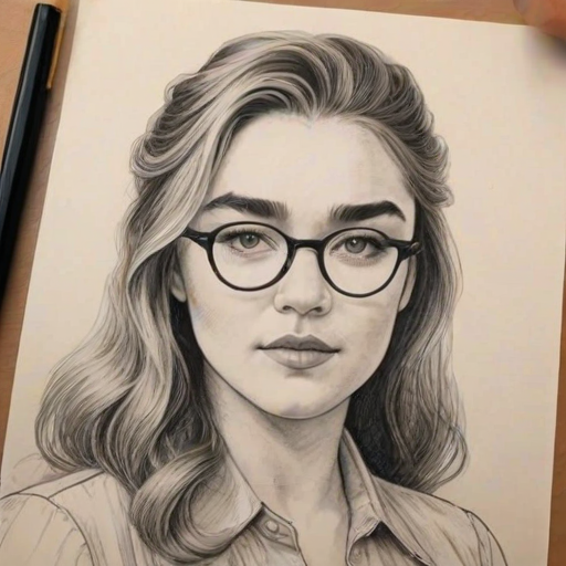 Attractive Florence Pugh, pencil sketch, portrait of Elegant woman 1973s in glasses, hair style beatnik, outline, clear lines, fine lines, 8k
