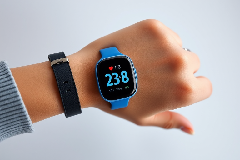 Create a high-resolution vector illustration of a hand wearing a blue smart watch displaying heart rate and time, using a minimalist style, with a soft-focus background, shot with a DSLR camera at f/2.8, ISO 100, 50mm lens, and a top-down view.