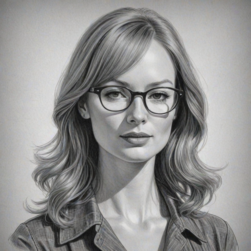 Splendid Alicia Witt, pencil sketch, portrait of Dazzling woman 1964s in glasses, hair style beatnik, outline, clear lines, fine lines, 8k