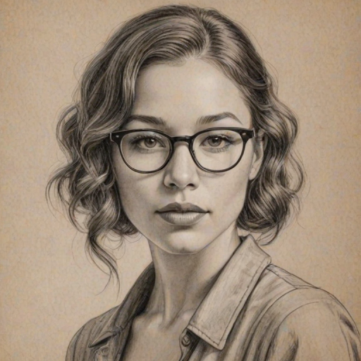 Enchanting Jessica Parker Kennedy, pencil sketch, portrait of Lovely woman 1925s in glasses, hair style beatnik, outline, clear lines, fine lines, 8k
