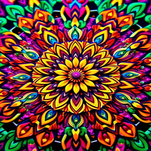 Create a vibrant and intricate mandala with a symmetrical floral pattern, high-resolution, wide-angle shot, f-stops around f/8 for depth of field, ISO 100, shot on a DSLR camera with macro lens for fine detail capture.