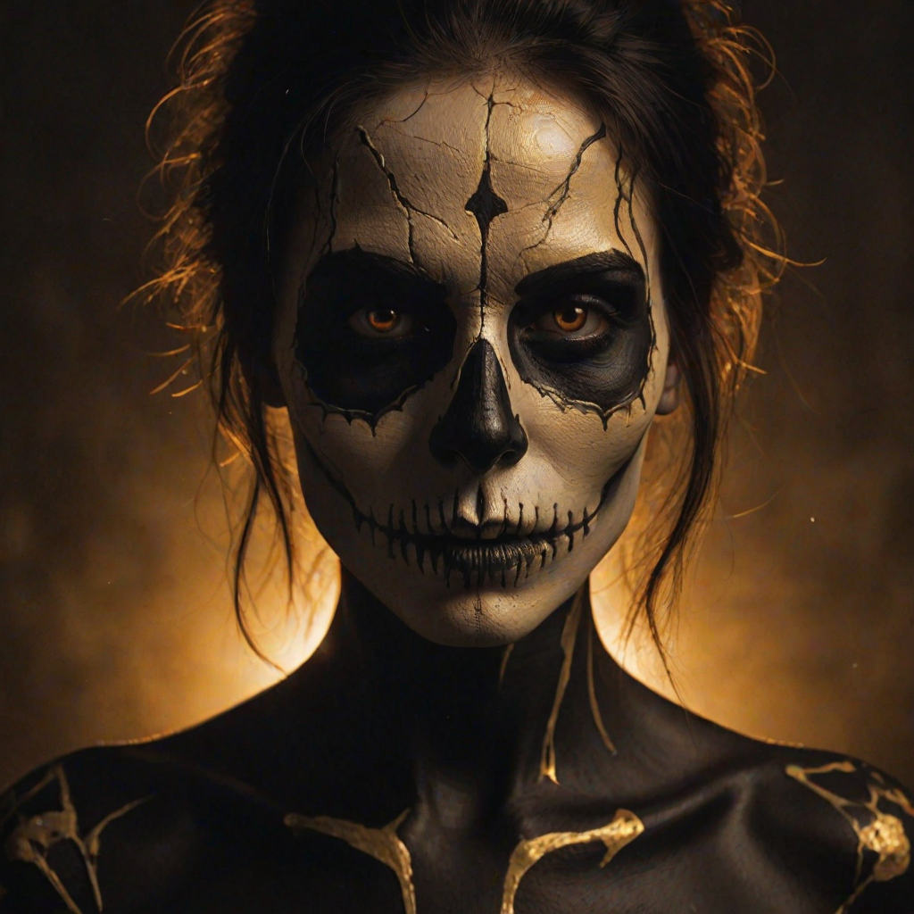 Create image featuring a close-up of a face painted like a skull. The skin is predominantly white with textured, cracked paint. The eye sockets are painted black, blending into the natural shadows of the eyes, creating a deep, hollow look. Bright, intense golden-yellow lights radiate from the eyes, casting a warm glow that contrasts with the cold, esoteric background. The nose is painted black in the shape of a spade. The mouth area features black lines extending from the corners, resembling a stitched effect. The face has sporadic black hair strands that frame it dramatically, adding to the eerie yet captivating feel. The background is blurred and dark, enhancing the focus on the face. Small, glowing orange embers are scattered sporadically across the image, contributing to the mysterious and magical atmosphere. The overall style is hyper-realistic with an emphasis on the contrast between light and dark elements, giving it an almost supernatural