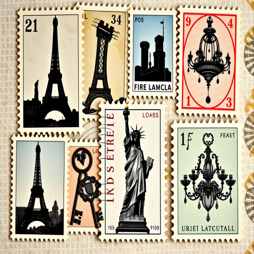Create a collage of vintage-style postage stamps featuring silhouettes, famous landmarks like the Eiffel Tower and Statue of Liberty, intricate key designs, and ornate chandeliers, using a soft color palette of pastels with a textured background, captured with a DSLR camera at f/4.5 aperture, 50mm lens, ISO 100, in natural light, with a shallow depth of field for enhanced focus on the stamps.