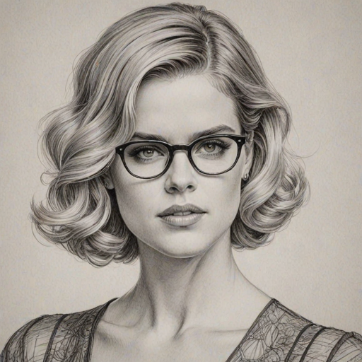Superb Alice Eve, pencil sketch, portrait of Dazzling woman 1920s in glasses, hair style beatnik, outline, clear lines, fine lines, 8k