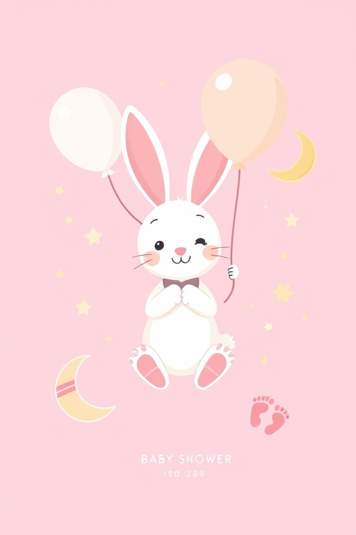 Create an illustration of a baby shower theme with a pink background featuring a cute bunny holding balloons, a crescent moon, stars, a baby rattle, and baby footprints, using a Canon EOS 5D Mark IV with a 50mm f/1.8 lens, aperture set to f/2.8, ISO 200, shot in natural light for vibrant colors and sharp details.