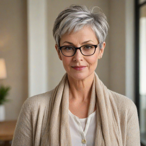 Portrait of a mature woman with short silver hair, styled in an asymmetrical pixie cut with side bangs. She wears black-framed glasses and a beige blouse with a white cardigan over it, as well as a bulky scarf in neutral tones. The woman is indoors with soft lighting and a blur in the background. Her expression is serene and confident, highlighting her elegance and modern style.
