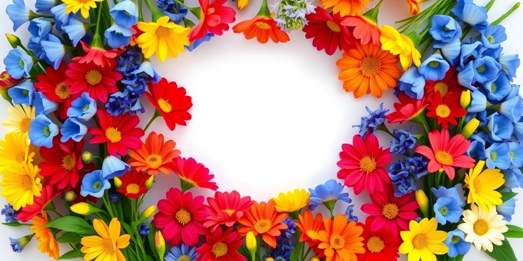 Create a vibrant border of colorful flowers with a mix of red, yellow, and blue blossoms framing a blank center, using a DSLR camera with an aperture of f/2.8, shutter speed of 1/125s, 50mm lens, and natural lighting for a sharp, detailed focus on the flowers.