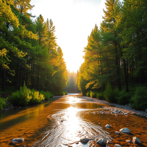 Create an image of a serene, sunlit forest scene with a clear, gently flowing river. Tall trees with lush green foliage line both sides of the river, their leaves bathed in the warm golden light of the setting or rising sun. The sunlight filters through the trees, casting soft, dappled light on the river, which flows over smooth rocks and pebbles, creating a peaceful, natural atmosphere. The sky is bright with a few scattered clouds, and the overall mood is tranquil, evoking a deep sense of connection with nature. The image captures the beauty of a calm, pristine forest landscape at either dawn or dusk.
