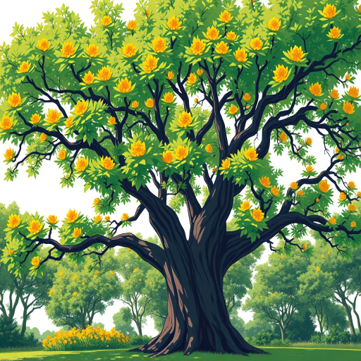 Create a vibrant illustration of a large tree with lush green leaves and bright yellow flowers, using a DSLR camera with a 50mm lens, aperture f/2.8, shutter speed 1/200s, and a high-resolution setting to enhance image clarity, featuring a slightly elevated angle for depth.