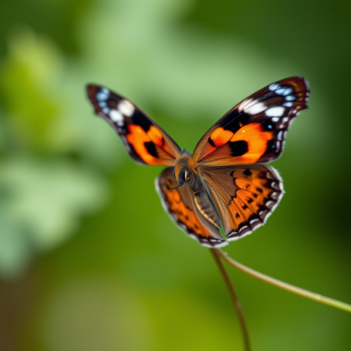 close-up of a vibrant butterfly with orange and blue patterns, set against a soft green blurred background, captured with a macro lens, aperture f/2.8, shutter speed 1/500s, ISO 200, using a DSLR camera for high detail and clarity