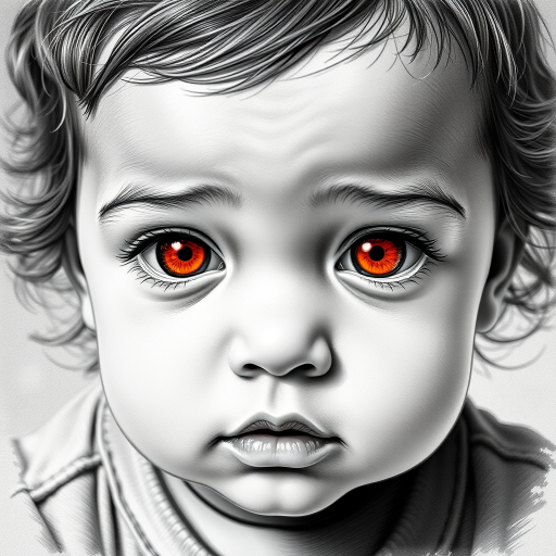 A hyperdetailed photorealistic black and white sketch of a beautiful toddler with deep orange eyes, with a macro focus