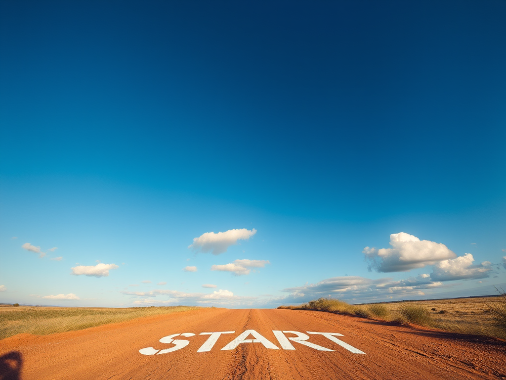 Capture a wide-angle shot of a dirt road with the word "START" painted on it, clear blue sky with fluffy clouds, early morning light, ISO 100, f/8 aperture, 24mm lens, DSLR camera, HDR style.