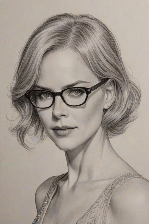 Appealing Nicole Kidman, pencil sketch, portrait of Gorgeous woman 1928s in glasses, hair style beatnik, outline, clear lines, fine lines, 8k