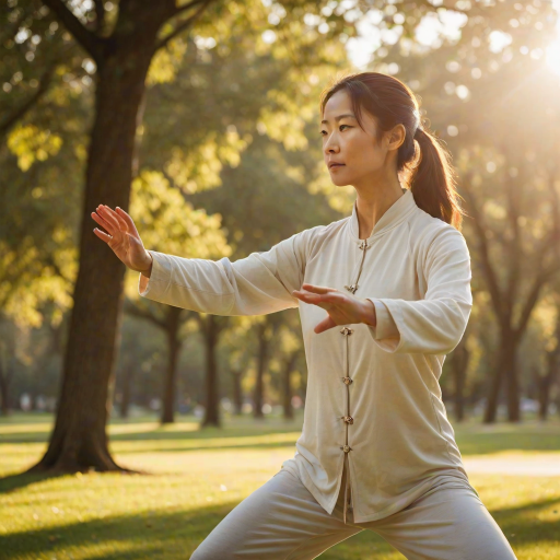 Warmly lit photo of a woman practicing tai chi in a peaceful park, wearing comfortable clothing, with soft sunlight illuminating her movements and gentle expressions of focus.
