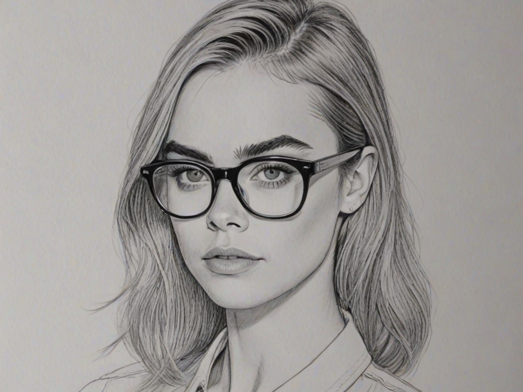 Magnificent Cara Delevingne, pencil sketch, portrait of Attractive woman 1942s in glasses, hair style beatnik, outline, clear lines, fine lines, 8k