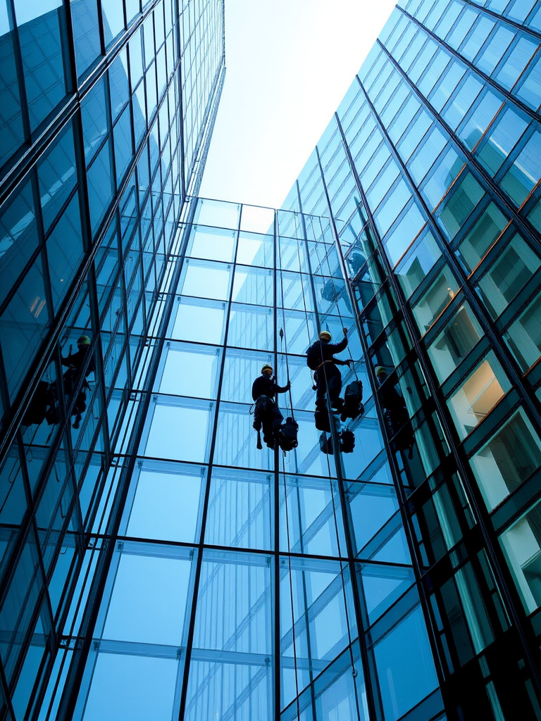 Capture a high-resolution image of window cleaners working on a modern glass skyscraper during bright daylight, using a wide-angle lens at f/8, ISO 100, shutter speed 1/500s, and a digital SLR camera for enhanced clarity and detail.