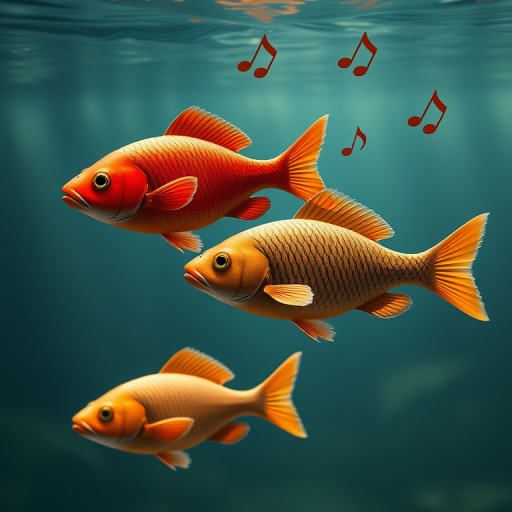 Create an image of three stylized fish swimming in a line, with one fish in red and the others in shades of brown, featuring dynamic movement and musical notes around them, using a DSLR camera with a 50mm lens, f/1.8 aperture, ISO 200, soft lighting, and a slight underwater perspective.