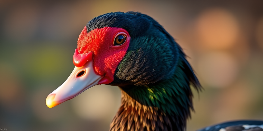 Capture a close-up of a Muscovy duck with a vibrant red face and intricate feather details, sharp focus on the duck, shallow depth of field to blur the background, using a DSLR camera with a 50mm lens, aperture set to f/1.8, ISO 200, and natural light during golden hour.