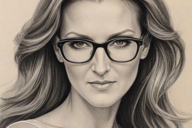 Magnificent Celine Dion, pencil sketch, portrait of Stunning woman 1934s in glasses, hair style beatnik, outline, clear lines, fine lines, 8k