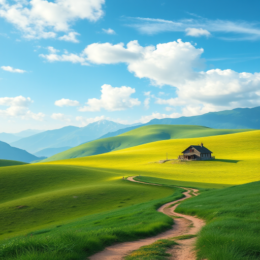 Create a vibrant landscape illustration featuring rolling green hills, a winding dirt path, a small house, and soft blue mountains in the background under a partially cloudy sky, using a DSLR camera with a 35mm lens, f/8 aperture, ISO 100, natural lighting, shot from a low angle to emphasize the foreground.