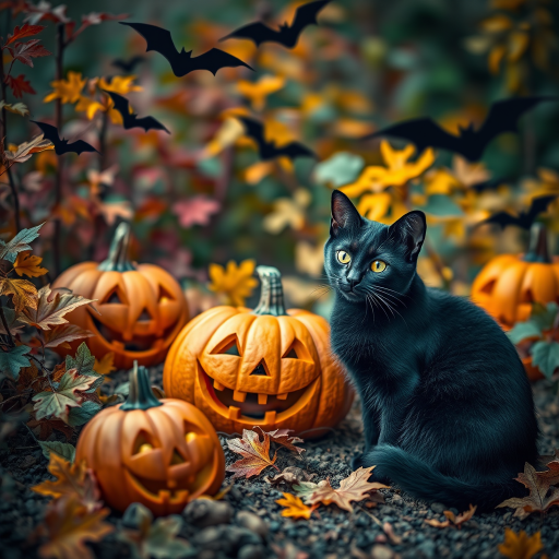 Create a whimsical Halloween scene featuring a black cat and pumpkins with smiling faces among colorful foliage and bats, shot with a Canon EOS R5, 50mm f/1.8 lens, aperture set to f/2.8, ISO 200, and a slight vignette for a dreamy effect.