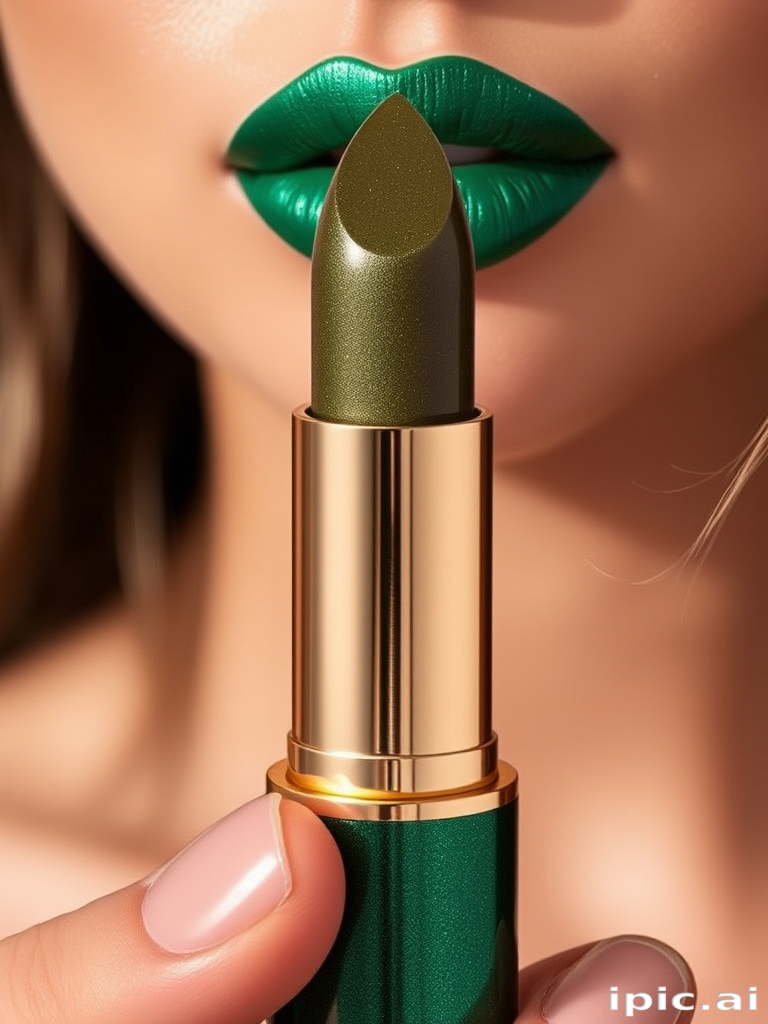Emerald green lipstick with a metallic sheen, christened "Mermaid's Treasure," featuring a long-wearing formula with a slight shimmer