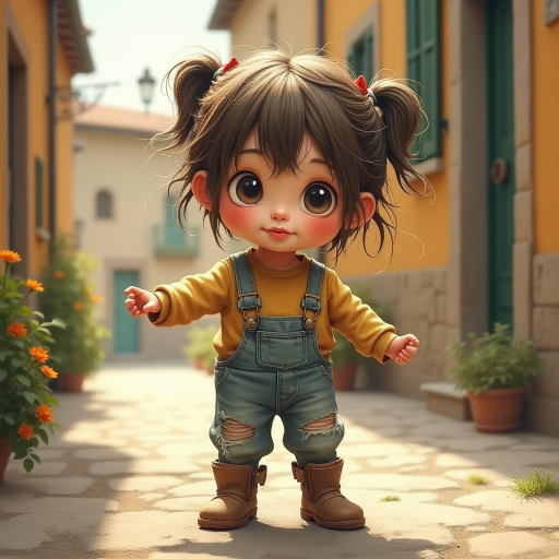 Whimsical little 3-year-old girl wearing scruffy tomboy clothes, boots, messy hair heavily blushed cheeks, pink lips, closely dancing in the street of an Italian village,Textured painterly fantasy artistic mixed media