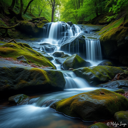 Generate a high-resolution image of a serene waterfall flowing over moss-covered rocks in a lush forest setting, captured with a Canon EOS 5D Mark IV, 24mm lens, f/8 aperture, ISO 100, shutter speed 1/4 sec, using a tripod for stability and a soft focus effect for enhanced tranquility.